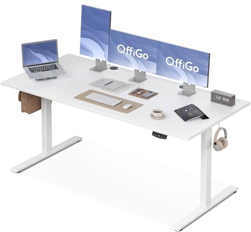 OffiGo Scrivania Regolabile in Altezza, 180 cm Scrivania Elettrica, Scrivania Ergonomica con Funzione di Memoria, Standing Desk, Modern Scrivania Computer per Casa e Ufficio, Bianco