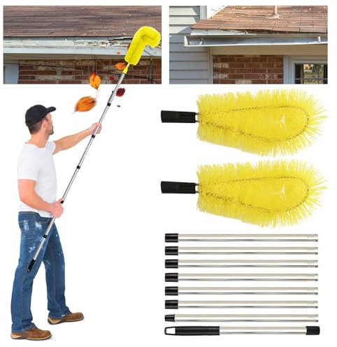Brosses de nettoyage de gouttière télescopiques de 3 m, brosse de nettoyage de gouttière avec 8 outils de nettoyage de gouttière, manche télescopique facile à enlever les feuilles et les débris