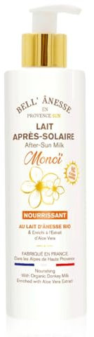 Lait après solaire Monoï au Lait Frais d'Ânesse Bio + Aloe Vera. Fabrication Française. Flacon pompe 250 ml