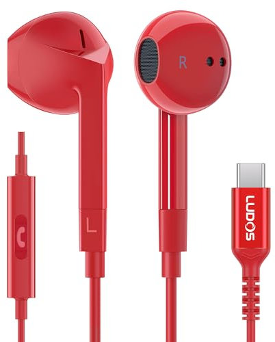 Ludos FEROX USB C Headphones, 5 Years Warranty, USB-C Earbuds for iPhone 16 15 Pro Max Plus Samsung Galaxy S24 S23 Ultra S22 S21 FE S20 Z Flip 3 Fold 4 A53 A54, USB Type C Earphones for iPad - Red