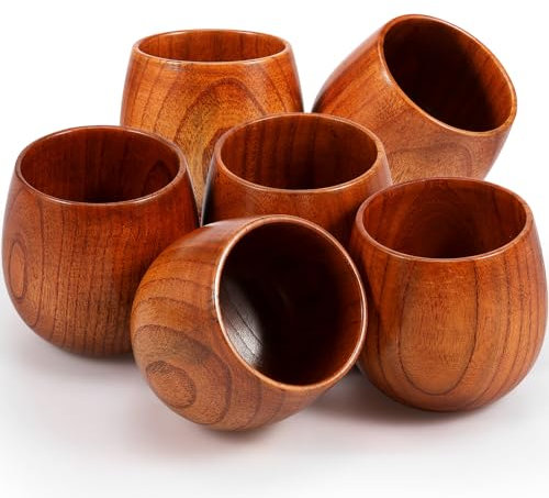 LSCSJUNS 6Pcs 250ML Vintage Wooden Drinking Cup Versatile Heat Resistant Wood Whiskey Tumbler With Natural Texture for Milk Coffee Tea Water