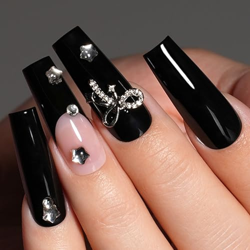 Black False Nails Set, 24Pcs French Tip Press on Nails, Black Rhinestones and Bow Decoration Stick on Nail, Full Coverage Removable Square Fake Nail for Women Nail Art Accessories