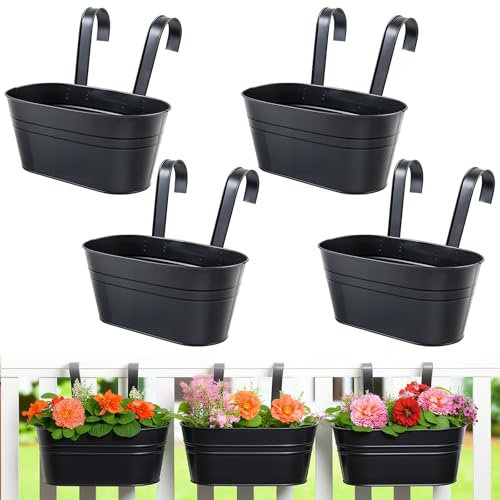 YedZen 4Pcs Metal Hanging Flower Pots, Large Metal Iron Hang Plant Pot with Detachable Hooks, Fence Hanging Bucket Pots, Black Plant Pots Planters for Railing, Balcony, Garden