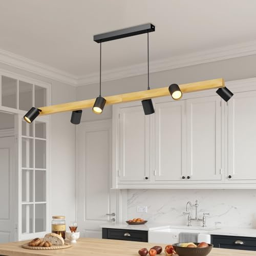 LVWIT Pendelleuchte Esstisch 6 Flammig Hängend Schwarz, Industrial Decken Hängeleuchte Holz GU10, Esszimmerlampe Schwarz, Metall Hängend Küchenlampe, Wohnzimmerlampe Decke, Lampe Flur