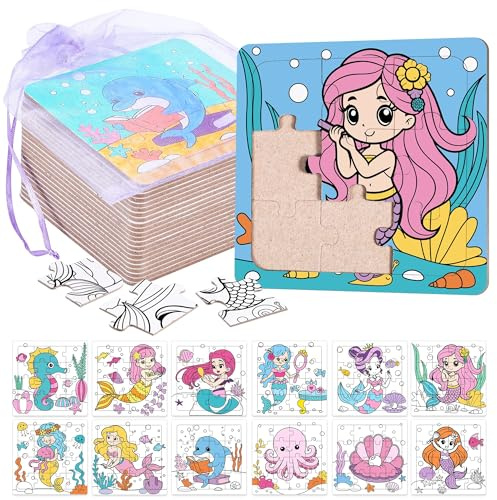 Blosssound 24 Stück Malpuzzles, 10,2 x 10,2 cm, Meerjungfrauen-Handwerk, DIY, Malerei, Geschenke, unter dem Meer, Papierpuzzle, zum Selbermachen, Puzzle, Lernspielzeug, Meer, Geburtstagsgeschenk