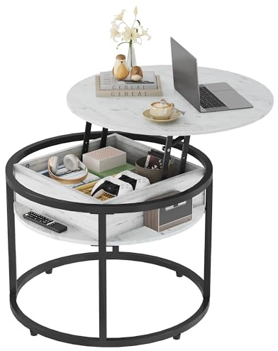 WLIVE Round Coffee Table with X-shaped Steel Frame (Retro White, Round Lift Up Coffee Table)