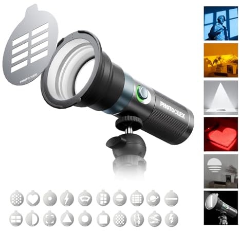 PHOTOOLEX Torcia LED portatile 4 colori con 20 gobos magnetici, proiettore video 8400 mAh, illuminazione studio LED 10W per foto e creazione di contenuti. Accessori
