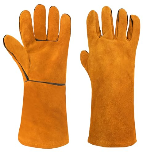 AUAUY Welding Gloves, Heat Resistant Long Leather Gauntlets-Yellow | Fire Resistant Welders Gloves, Wear Resistant Heavy-Duty Protective Gloves for Grinding BBQ Baking Oven Fireplace Gardening