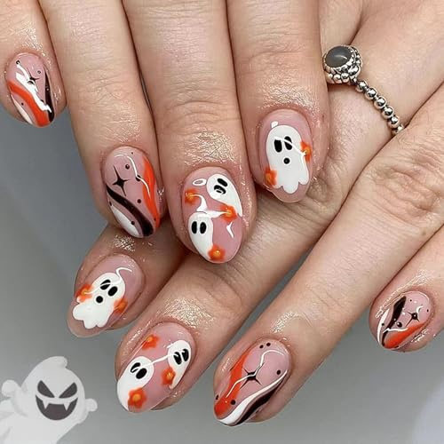 Halloween Press on Nails - Ghost Short Oval False Nails - 24PCS Nude Tips Stick on Gothic Fake with Ghost Orange Flower Design for Women