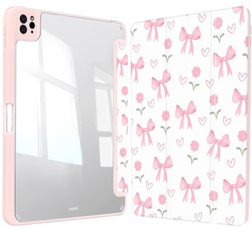 Vozehui iPad Case 11/10.9 Inch (A16)11/10th Gen/10.2 Inch 9th/8th/7th Gen/9.7 In.5th/6th/Air 11 In.M3/M2 w/Clear Back Shell w/Pencil Holder,Tri-fold Stand Cover w/Auto Sleep Wake Bow flower