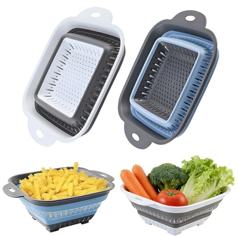 2PCS Nudelsieb Faltbar,Faltbares Sieb mit Griff,für Nudeln/Obst/Gemüse | Wiederverwendbares Faltbares Küchensieb,Sieb Faltbar aus Silikon,Platzsparend Abtropfsieb,für Nudeln,Obst,Gemüse,Weiß/Blau