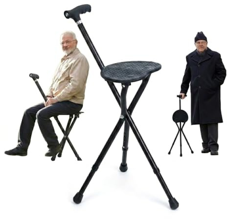 Gehstock mit Sitz und Licht, Aluminiumlegierung, höhenverstellbar, robust, zusammenklappbar, leicht, 3 Beine, Damen und Herren
