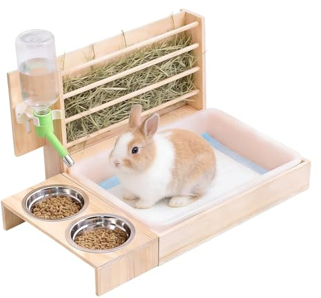 Heuraufe Kaninchen, 4 in 1 Heuraufe Meerschweinchen mit Hamster Trinkflasche Katzentoilette, Futterspender Heu Kaninchen,Meerschweinchen Heuraufe, Heu Futterspender für Käfig, Hasen Zubehör