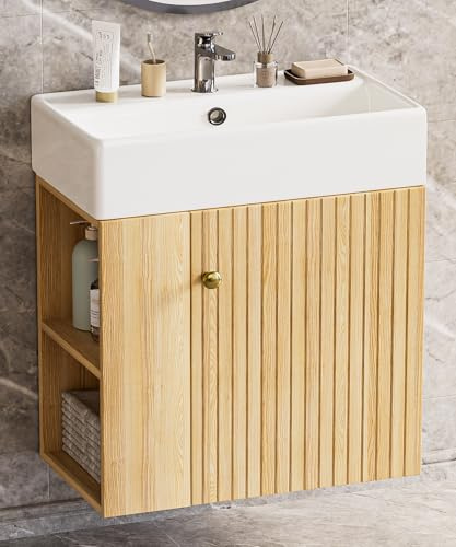 Yorbay Waschbecken mit Unterschrank 55 cm: Wandhängend mit 2 Seitenablagen | Keramik-Waschtisch mit Soft-Close-Tür - Kompaktes Badmöbel Set für Kleine Bäder und Gäste WC (Holzfarbe)