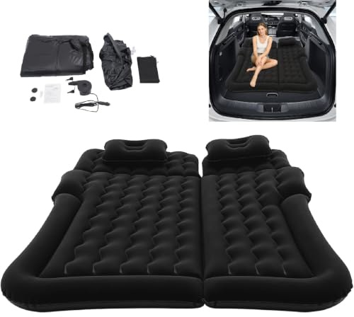 CLKAX Luftmatratze Auto Rückbank Bis 300 kg, 174 x 126 cm Tragbare Auto Luftmatratze, Faltbare Auto Matratze Kombi mit Luftpumpe und 2 Kissen für Camping Reisen Outdoor (Schwarz)