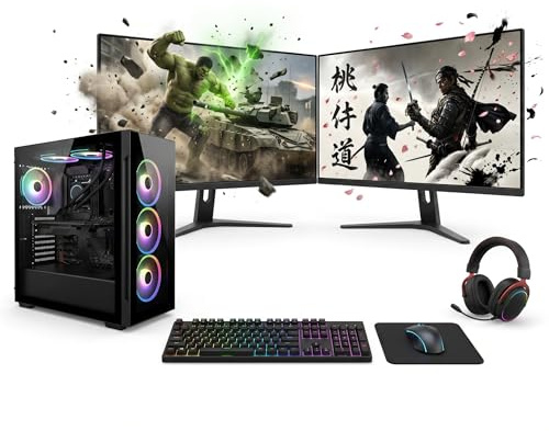 Computek Complete gaming setup with Intel Core i5, 16GB RAM, GT 730 2GB graphics, dual 22” monitors, RGB 6-fan case, SSD + HDD storage, WiFi, Windows 11, ready to play.
