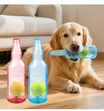 HEJINYUN 2PCS Squeaky Dog Toys Beer Bottle Shape with Tennis Ball Inside Durable Chew Toy for Puppy Boredom Relief Interactive Playtime Training Toy for Small Medium Large Dogs (Blue & Pink)