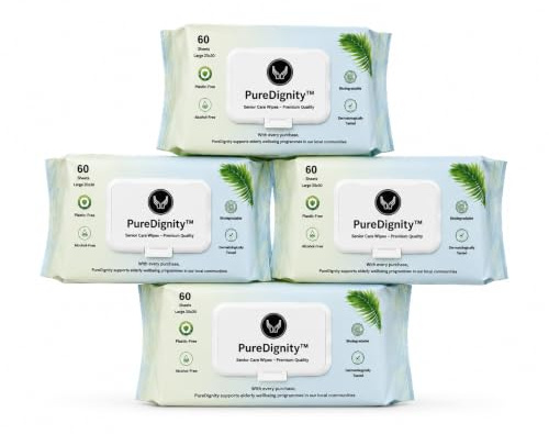 PureDignity Wet Wipes for Adults - 20 x 30cm Large Dermatologically Tested, Sensitive Skin Body Cleansing Wipes for Personal Hygiene, Unscented, Thick Adult Wet Wipes 4 Pack (240 Wipes)