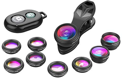 Apexel Phone Camera Lens-Macro Lens+Wide Lens+Fisheye Lens+Telephoto Lens+CPL/Flow/Radial/Star Filter+Kaleidoscope 3/6 Lens 10 in 1 Lens Kit +Remote Shutter for iPhone, Samsung,LG and Most Smartphones
