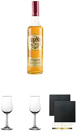 Cubaney 8 Jahre Orangerie Dominikanische Republik 0,7 Liter + 2 Bugatti Nosing Gläser mit Eichstrich 2cl und 4cl + 2 Schiefer Glasuntersetzer eckig ca. 9,5 cm Ø