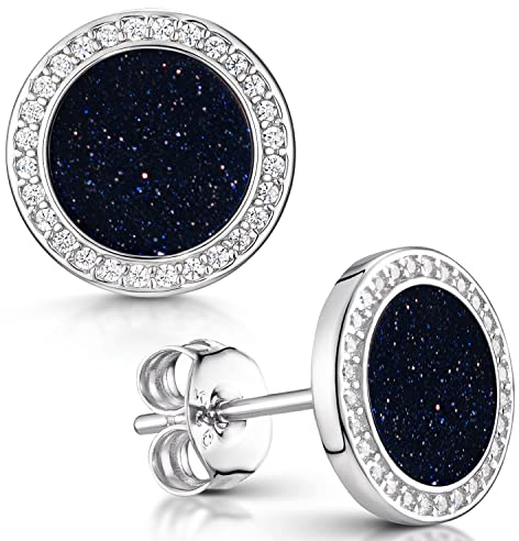 Materia Damen Ohrstecker blau Silber 925 - Glitzer Ohrringe mit Blaufluss und Zirkonia Steinen SO-394-Blaufluss