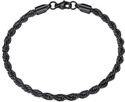 Richsteel Gourmette Homme Noir 21 cm, Chaîne Bracelet Maille Corde Homme Acier Inoxydable, Bijoux Bracelet Gourmette pour Homme Garçon