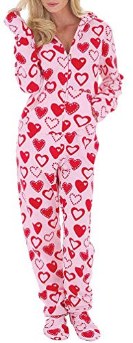 Ketamyy Femme Grenouillères Combinaison a Capuche de Pyjama avec Pieds Casual Polaire Adulte Une Pièce Printemps Hiver Automne Confortable Chaud Homewear Chaussettes Amovibles Rose/Coeurs Peach XL