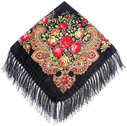 Lazzboy Frauen Lady Folk-Custom Print Quaste Square Schal Wrap Schal Travel Schal(F)
