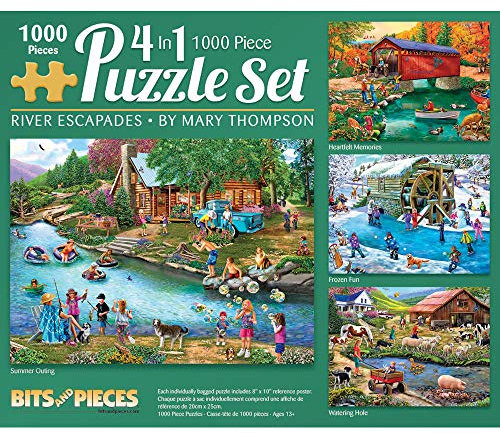 Bits and Pieces - 1000 Piece Jigsaw Puzzle for Adults - River Escapades 4-in-1 Multi-Pack Set - 1000 pc Country Water Scene Jigsaw by Artist Mary Thompson