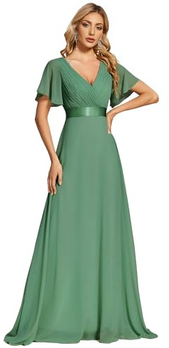 Ever-Pretty Women's Double V-Neck Short Flutter Sleeves Empire Waist Elegant Chiffon Long Evening Dresses Green Blue 26UK