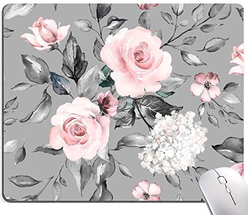 Armanza Tapis de souris mignon à motif floral gris pour femme, tapis de souris carré en tissu imperméable pour ordinateur portable de bureau, tapis de souris en caoutchouc antidérapant personnalisé