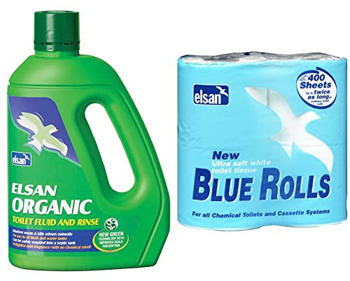 Elsan ORG02 Organic Toilet Fluid for Motorhomes, Green, 2 Litre & ROL04 Toilet Rolls - Blue, Size 4 x 400