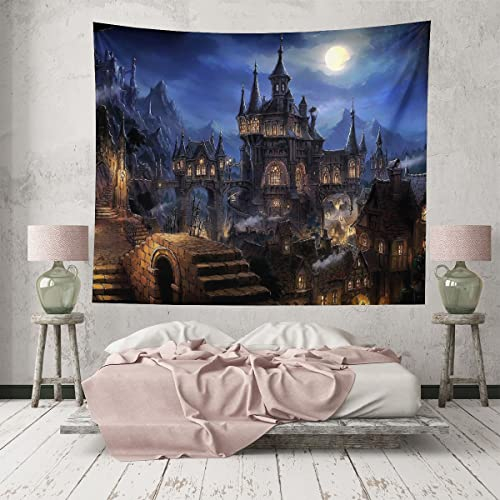 Castle Vollmond-Wandteppich, Wolf-Fantasie, mittelalterliche Stadt, Wandbehänge, Wandteppich für Schlafzimmer, Wohnzimmer, Büro, Wohnheim, Männerhöhle (152,4 x 101,6 cm)