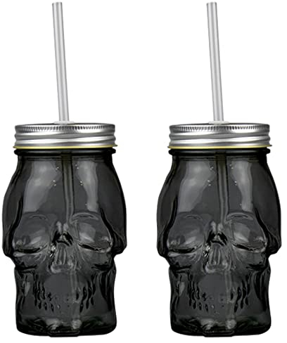 Totenkopf-Glas, 450 ml, mit Deckel und Trinkhalmen, 2 Gläser