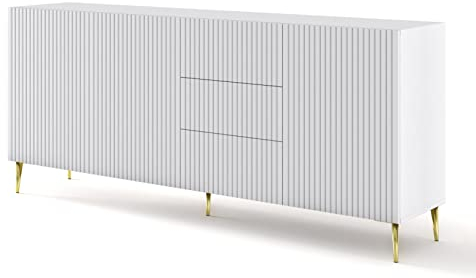 BIM Furniture Kommode Ravenna B 3D3S 200 cm mit gefräster Front Hochwertiges MDF, Sideboard, Buffet auf goldenen Metallstiftbeinen, 3 Schränke, 3 Schubladen (Weiß Matt)