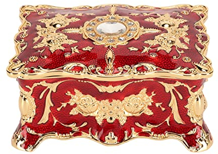 YUYTE Gravierte Schmuckschatulle, Rote Strass-Schmuckschatulle, Retro-Schmuckschatulle, Vintage-Blumengravur, Ohrringe, Ringe, Halskette, Aufbewahrungsbox