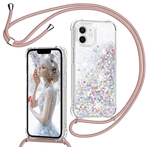TUUTPU Coque pour iPhone 12/iPhone 12 Pro 6,1'' avec Cordon, Paillette Liquide Étui pour Téléphone avec Lanière, Transparent Silicone Collier Réglable Protection Housse Portable Lanyard Case, Or Rose