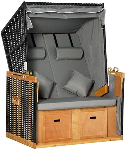 trends4cents PureHaven Strandkorb 118x79x150 cm für 2 Personen Elegantes Design mit Rücken- und Sitzkissen verstellbare Rückenlehne Klapptische und Fußstützen grau
