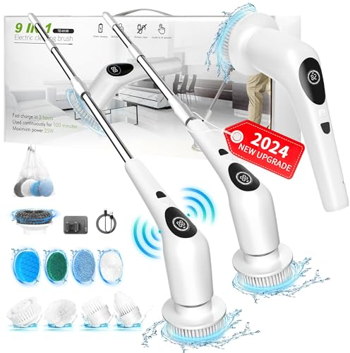 SZFIXEZ Brosse électrique rotative avec 3 vitesses et écran LED, brosse de nettoyage sans fil réglable et amovible, 9 têtes de brosse remplaçables pour carrelage, baignoire, salle de bain TD-8136