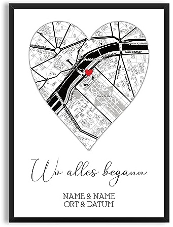 Mountiki Wo Alles Begann Geschenk Poster | MIT Bilderrahmen schwarz gerahmt | Herz Bild mit Landkarte, Name & Datum | Karte Personalisiert zum Valentinstag (Herz-Form incl. Rahmen)