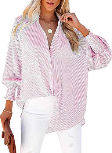 Chemise boyfriend rayée smockée à revers avec poche et col décontracté à manches longues pour femme, rose, Taille 4XL