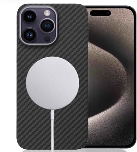 Sisyphy Aramid Hülle Kompatibel mit MagSafe für iPhone 15 Pro Max (Schwarz 1500D Eingebaute Magneten), Super Schlank Weich Aber Robust mit Karbon-Optik, Snap-on Rückseite Wireless-Ladefreundlich