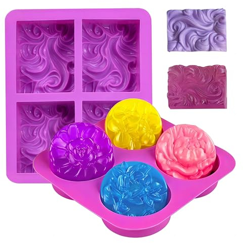2 moldes de silicona para jabón, 8 cuadrados redondos, moldes de silicona para hacer flores, moldes de jabón con diferentes patrones de flores, moldes de silicona para hacer jabón/velas