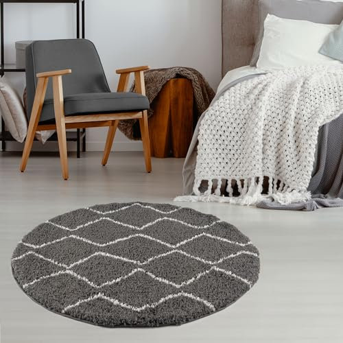 THE RUGS Modern Moroccan Design Living Room and Bedroom Rugs, Non-Shedding & Easy Care (Boho Dark Grey/Ivory, 120 cm Round)