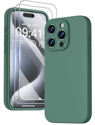 GOODVISH 3 in 1 für iPhone 15 Pro Hülle Liquid Silikon, mit 2 Stück Schutzfolie Upgraded Kameraschutz Soft Mikrofaserfutter Handyhülle Kratzfest Stoßfeste Schutz Case für iPhone 15 Pro 6.1, Grün