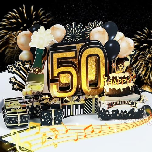 joyoldelf Tarjeta Felicitacion 50 CumpleañOs Pop Up - Con Luces y Música Tarjetas 3D, Regalos Feliz Cumpleaño Hombre NiñA, Incluye Sobre, Ideal Para Padre, Madre, Amigo, Novio, Novia