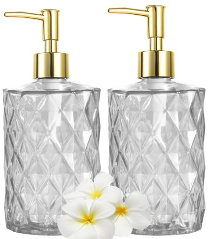 Glass Soap Dispenser Bottle with Pump, Versatile 14 Oz Dripless Pump Bottle, Refillable Liquid Hand Jar Dispenser for Bathroom, Countertop, Kitchen, Laundry Room (Diamond Pattern, 2 Pack)