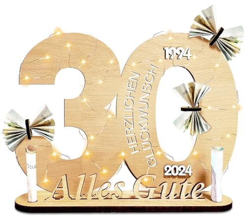 Geschenke zum 30 Geburtstag Frau Mann, Holz-Schild Gästebuch, Geldgeschenke Geburtstag 30 Alles Gute zum mit LED Lichterkette Ständer, Holz 30.Geburtstag Deko, 30 Geburtstag Geldgeschenke zum Jubiläum