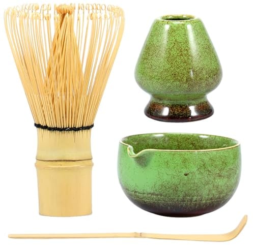 4Pcs Matcha Whisk Set, Organic Japanese Matcha Tea Set, Reusable Matcha Making Kit with 500ml Ceramic Matcha Bowl Matcha Whisk Holder Handmade Bamboo Matcha Whisk and Matcha Scoop for Tea Lovers