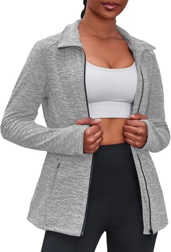 Fisoew Damen Laufjacke Slim Fit Sportjacke Langarm Trainingsjacke Sweatjacke Ohne Kapuze Für Yoga Fitness Leicht Atmungsaktive Full Zip Running-Jacken Activewear Funktionsjacke mit Tasche(Grau,L)